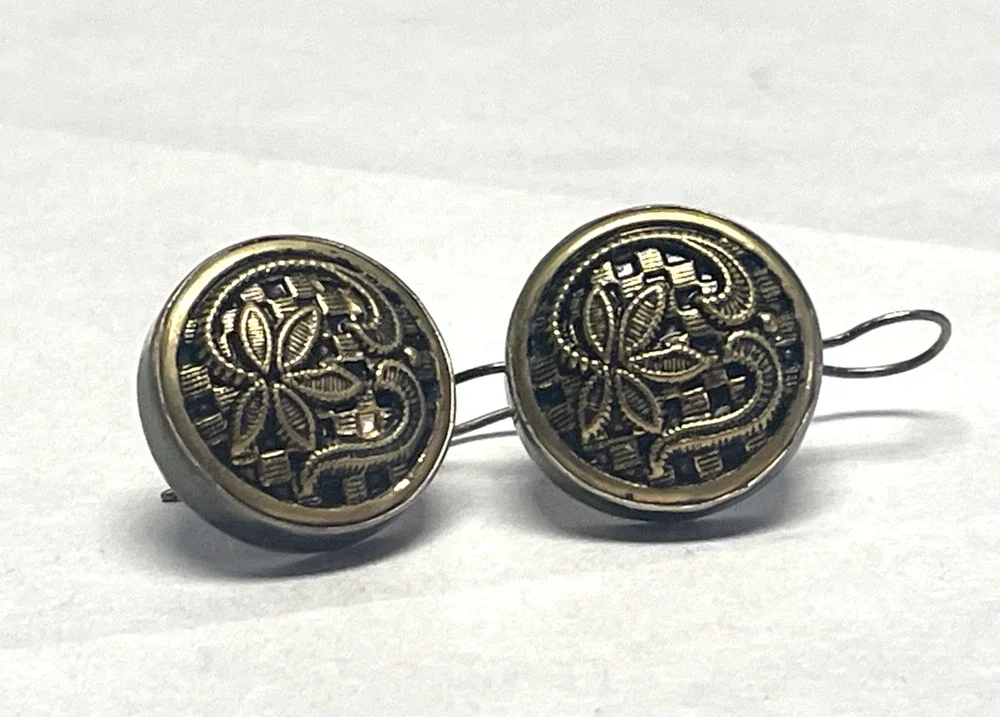 Vintage Sterling Silver Filigree Brass Button Drop Earrings 20mm 8g